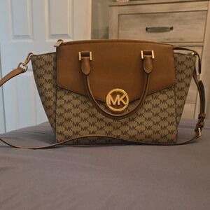 Michael Kors Brown MK Logo Satchel with Gold Accent
